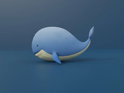 Cute Light Blue Whale Stuffed Doll with Cream Belly on Deep Blue Background Surface 3d model