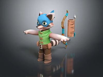Cartoon Raccoon Game Character With Green Vest Brown Pants And Bow Arrows 3d model