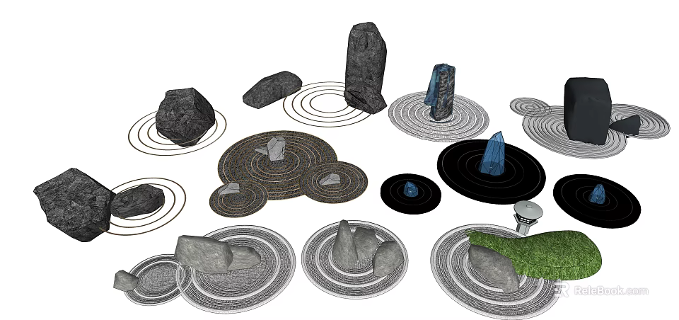Japanese Zen Rock Garden Design With Raked Patterns Various Sized Stones And Grass 3d model 