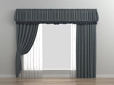 Gray Textured Curtains With Valance And Sheer Panels Against White Wall And Wooden Floor 3d model