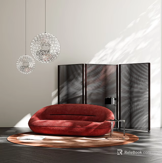 Red Sectional Sofa With Crystal Sphere Pendant Lights Black Room Divider And Round Metal Table 3d model 