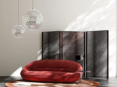 Red Sectional Sofa With Crystal Sphere Pendant Lights Black Room Divider And Round Metal Table 3d model