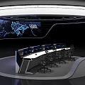 Modern Control Room Interior With Curved Console Multiple Digital Displays World Map And Circular Lighting