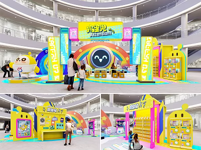 Vibrant Yellow Interactive Zone With Cartoon Character Rainbow Decor And Family Play Area 3d model