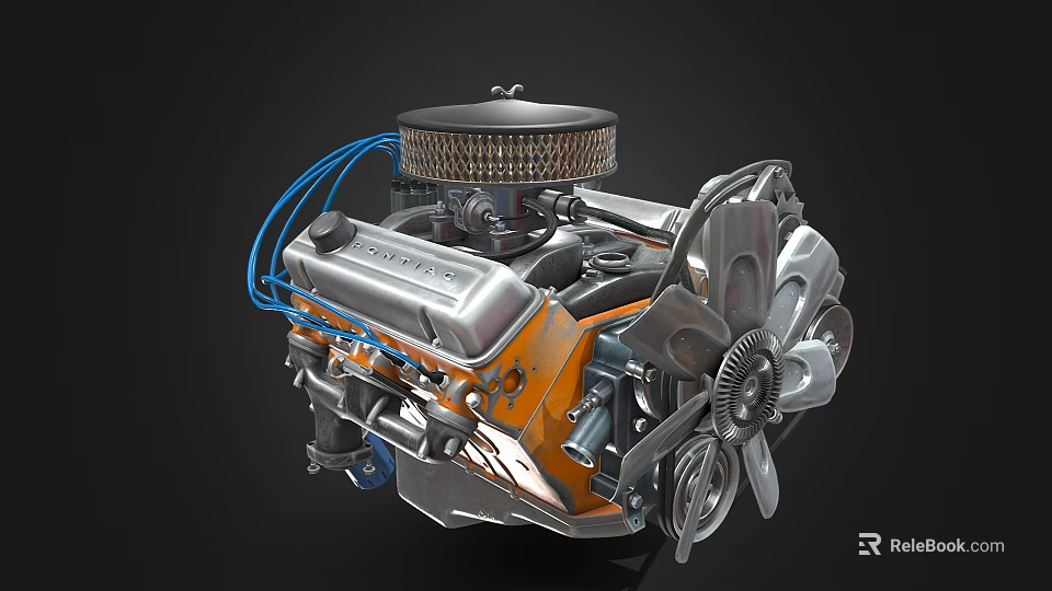 High Performance Orange Engine With Blue Hoses Silver Fan And Top Mounted Metallic Air Filter 3d model 