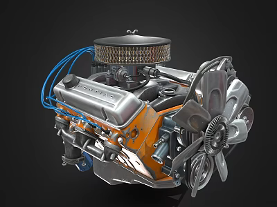 High Performance Orange Engine With Blue Hoses Silver Fan And Top Mounted Metallic Air Filter 3d model