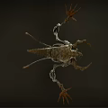 Mysterious Mechanical Creature with Skeletal Structure Long Legs and Glowing Yellow Eyes on Dark Background
