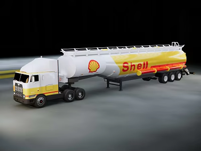 White And Yellow Shell Tanker Truck Moving On Road With Trailer 3d model