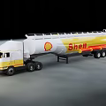 White And Yellow Shell Tanker Truck Moving On Road With Trailer