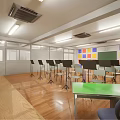 Music Classroom Interior With Piano Wooden Floor Chairs Blackboard And Windows