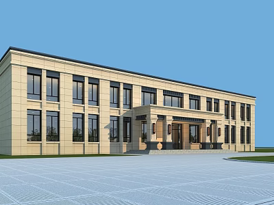Modern Office Building With Beige Exterior Numerous Windows And Spacious Plaza 3d model