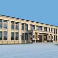 Modern Office Building With Beige Exterior Numerous Windows And Spacious Plaza