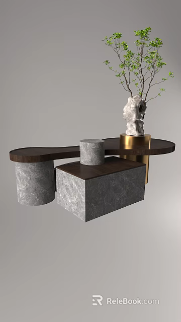 Modern Display Shelves With Marble Bases Wooden Top And Gold Metal Accents 3d model 