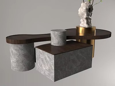 Modern Display Shelves With Marble Bases Wooden Top And Gold Metal Accents 3d model