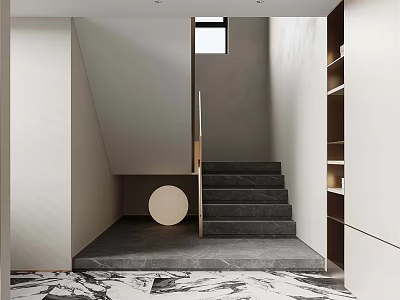 Entryway Hallway with Staircase Circular Decor Dark Steps Light Walls Shelves Patterned Flooring 3d model