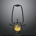 Ornate Green Metal Lantern With Handle Transparent Glass Globe Wing Shaped Decorations And Yellow Light