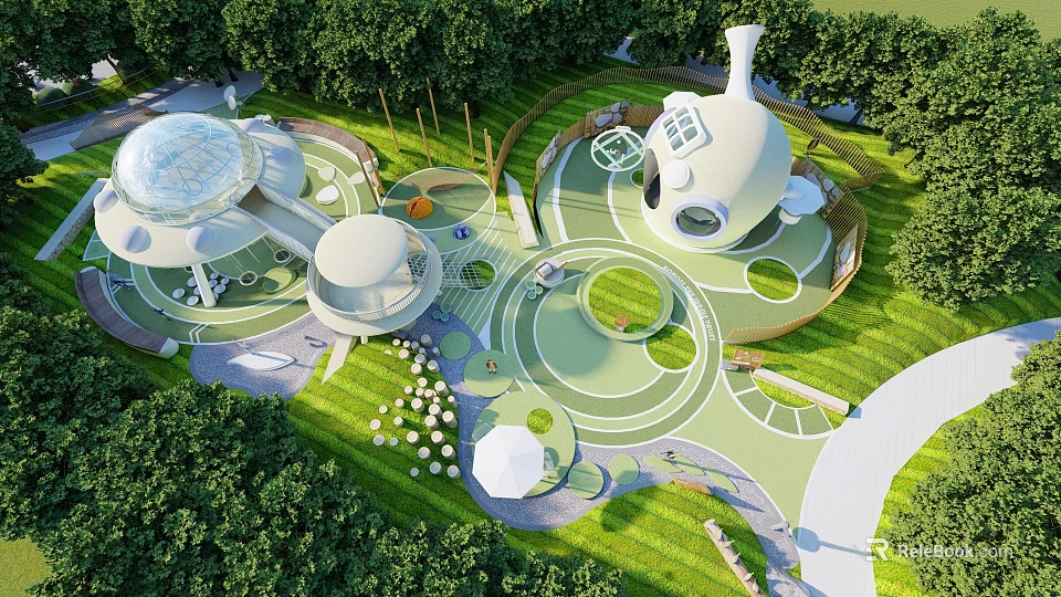 Children's Play Area With Dome Shaped Structures Green Lawns And Circular Paths In Natural Surroundings 3d model 
