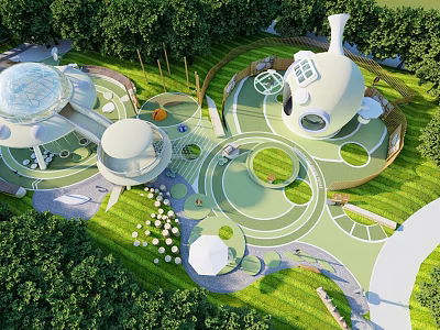 Children's Play Area With Dome Shaped Structures Green Lawns And Circular Paths In Natural Surroundings 3d model