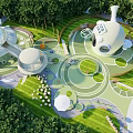 Children's Play Area With Dome Shaped Structures Green Lawns And Circular Paths In Natural Surroundings
