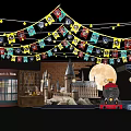 Harry Potter Themed Photo Spot With Castle Train Moon And Flags On Brick Wall