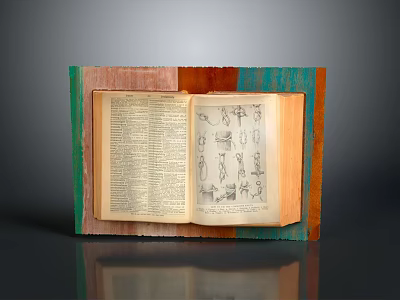 Open Book With Text And Illustrations In Colorful Wooden Frame 3d model