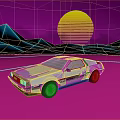 Vintage Sports Car On Neon Purple Background With Yellow Sunset And Geometric Mountains