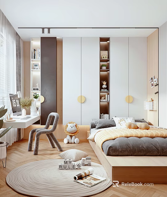 Modern Tatami Bedroom Interior With Platform Bed Storage Cabinets And Wooden Desk Chair 3d model 