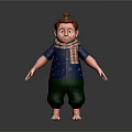 Cartoon Boy Design With Brown Hair Topknot Colorful Plaid Scarf Blue Shirt Green Shorts Barefoot