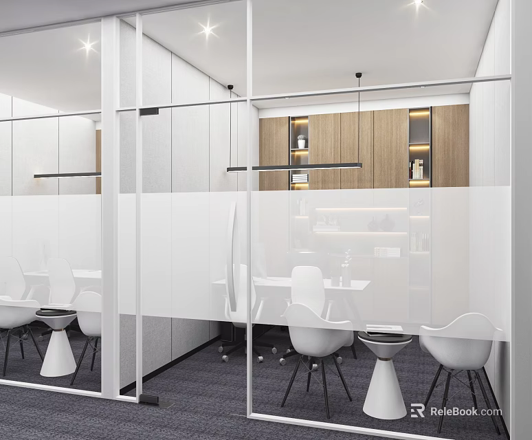 Modern Office Interior with Glass Partitions White Tables Chairs Wooden Cabinets and Light Strips 3d model 