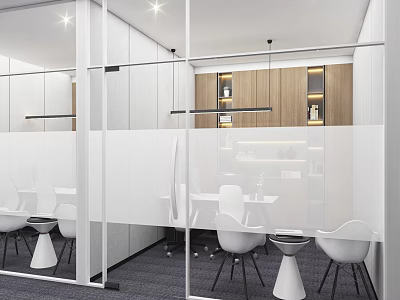 Modern Office Interior with Glass Partitions White Tables Chairs Wooden Cabinets and Light Strips 3d model