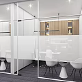 Modern Office Interior with Glass Partitions White Tables Chairs Wooden Cabinets and Light Strips