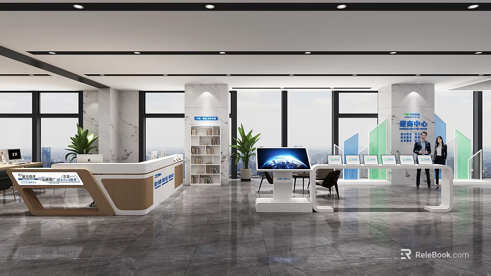 Modern Service Hall Interior Design Features Spacious Layout Reception Desk Display Shelves And Green Plants 3d model 