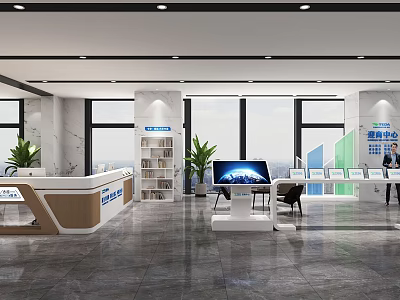 Modern Service Hall Interior Design Features Spacious Layout Reception Desk Display Shelves And Green Plants 3d model