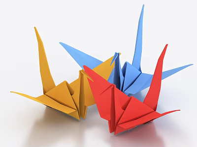 Colorful Origami Crane Decorative Ornament Set with Red Yellow Blue Paper Craft Design 3d model