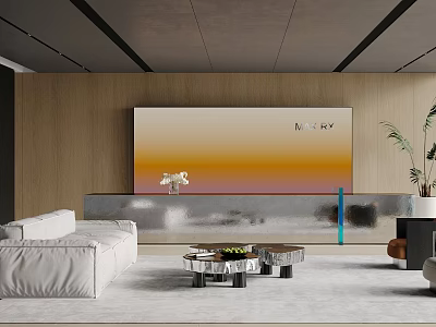 Modern Living Room Interior With White Sofa Metal Coffee Tables And Decorative Wall Artwork 3d model