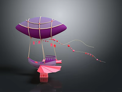 Purple Hot Air Balloon With Net Structure Pink Basket And Streamer Decorations 3d model