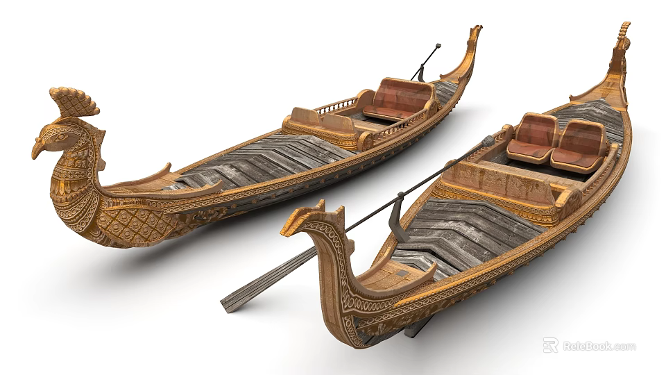 Two Traditional Wooden Boats With Ornate Carved Prows Seats And Oars 3d model 