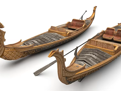 Two Traditional Wooden Boats With Ornate Carved Prows Seats And Oars 3d model