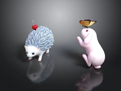 Blue Hedgehog With Cherry On Back And Pink Rabbit With Butterfly On Head 3d model