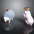 Blue Hedgehog With Cherry On Back And Pink Rabbit With Butterfly On Head