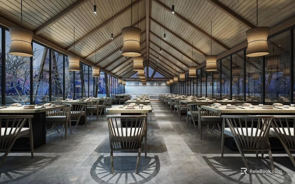 Modern Restaurant Interior With Wooden Ceiling Hanging Lamps And Glass Windows 3d model 