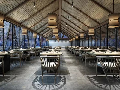 Modern Restaurant Interior With Wooden Ceiling Hanging Lamps And Glass Windows 3d model