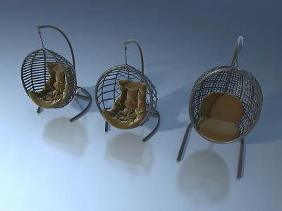 Three Stylish Rattan Hanging Chairs With Comfortable Seats And Metal Frames 3d model