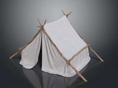 Handmade Camping Tent With White Fabric And Wooden Support Poles 3d model
