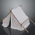 Handmade Camping Tent With White Fabric And Wooden Support Poles