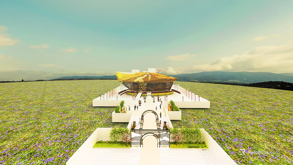Aerial Planning of Architectural Structure With Golden Curved Roof Green Flower Fields And Pedestrian Pathways 3d model 