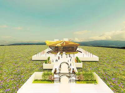 Aerial Planning of Architectural Structure With Golden Curved Roof Green Flower Fields And Pedestrian Pathways 3d model