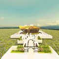 Aerial Planning of Architectural Structure With Golden Curved Roof Green Flower Fields And Pedestrian Pathways
