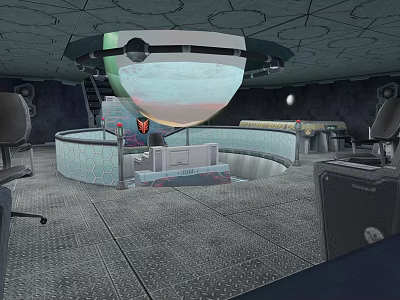 Cartoon Scene Of Futuristic Control Room With Round Console Chairs Large Screen And Hexagonal Floor 3d model