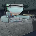 Cartoon Scene Of Futuristic Control Room With Round Console Chairs Large Screen And Hexagonal Floor